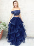 A Line Two Pieces Off the Shoulder Tulle Prom Dresses With Beadings LBQ1353